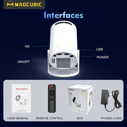  Magcubic Hy300Pro Projector 290ANSI Android 14.0 Dual Wifi6 8K 4K Decode Auto Keystone Correction Wireless BT5.4 130"Screen 1280*720P Built-In Speaker Allwinner H726 180° Rotatable Mini Portable Home Cinema Outdoor Audio Summervibes Gift