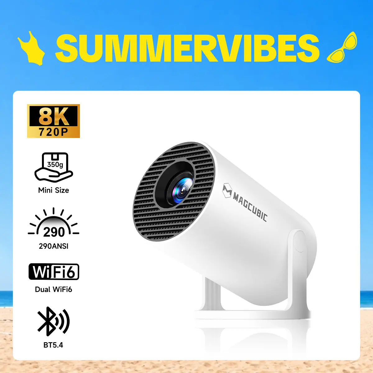  Magcubic Hy300Pro Projector 290ANSI Android 14.0 Dual Wifi6 8K 4K Decode Auto Keystone Correction Wireless BT5.4 130"Screen 1280*720P Built-In Speaker Allwinner H726 180° Rotatable Mini Portable Home Cinema Outdoor Audio Summervibes Gift