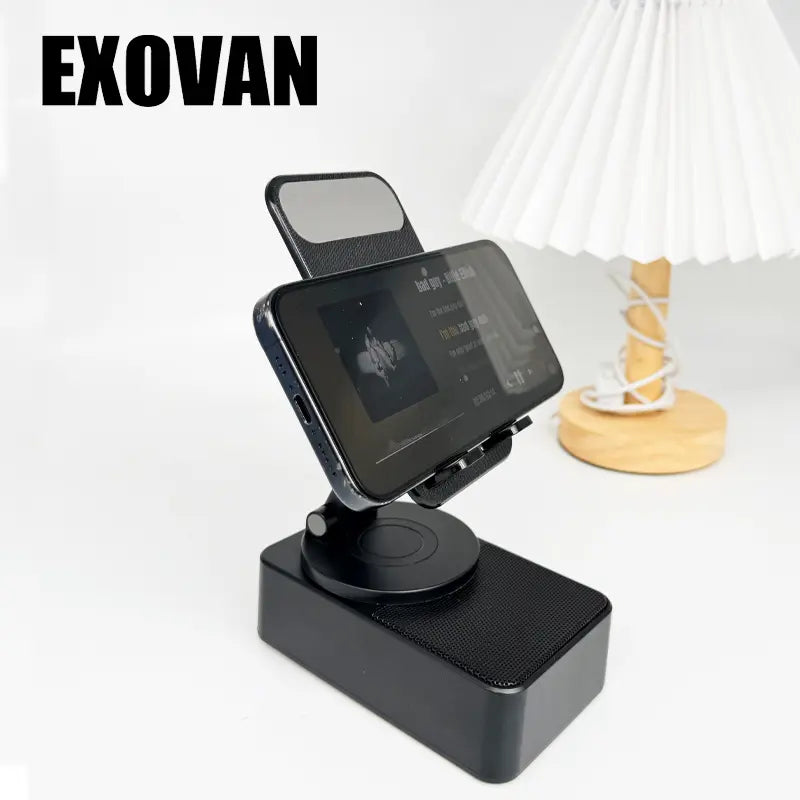Wireless Bluetooth Audio Speaker with 5-in-1 Phone Holder, Emergency Rechargeable, Colorful Ambient Light, 300° Foldable Design for Tablets and Smartphones, Ideal Gift for Men and Women, Black